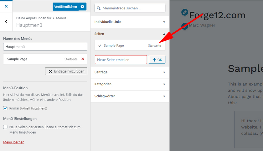 WordPress Menu Seite hinzufügen