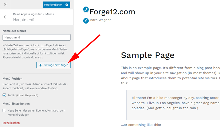 WordPress Menu Einträge hinzufügen
