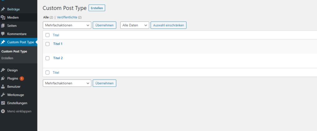 Custom Post Type Einträge hinzugefügt.