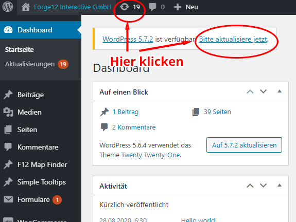 WordPress Aktualisieren Dashboard