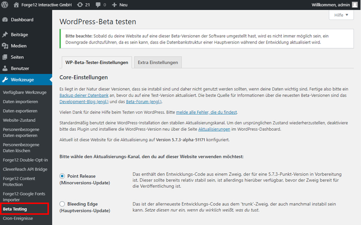 wordpress beta testing konfigurieren