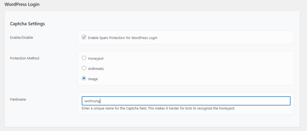 Beispiel Captcha Einstellungen, WordPress Login
