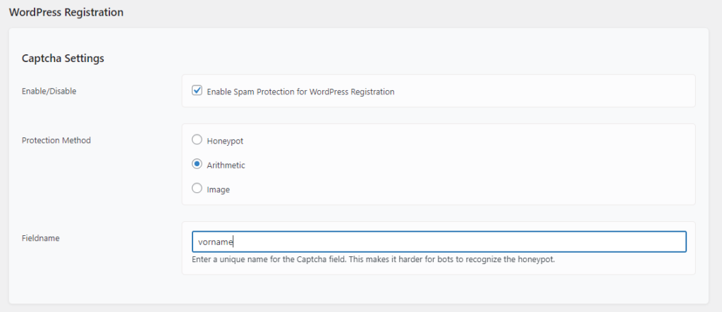 Beispiel Captcha Einstellungen, WordPress Registrierung