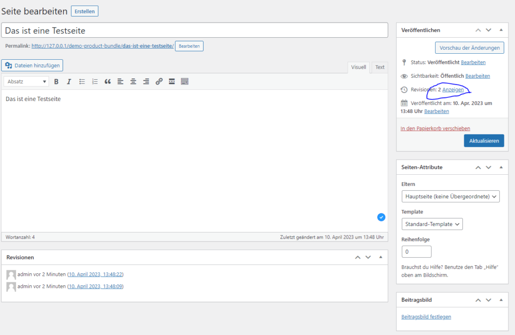 WordPress Revisionen in der Sidebar von Beiträgen und Seiten.
