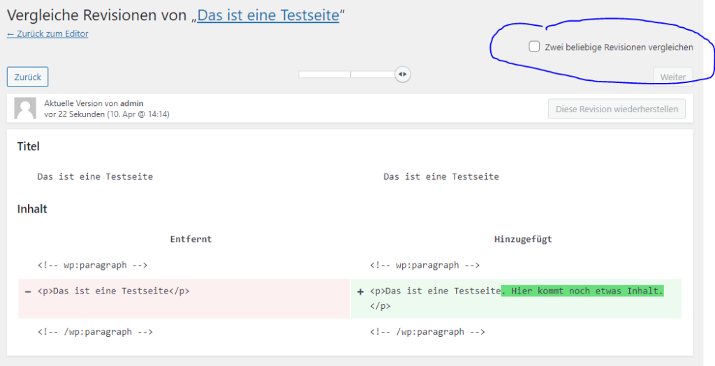 Vergleichen zweier beliebiger Revisionen in WordPress