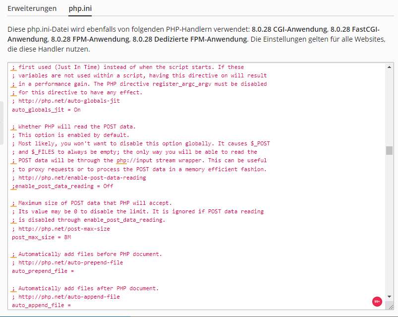 PHP Konfigurationsdatei (php.ini) in Plesk bearbeiten.