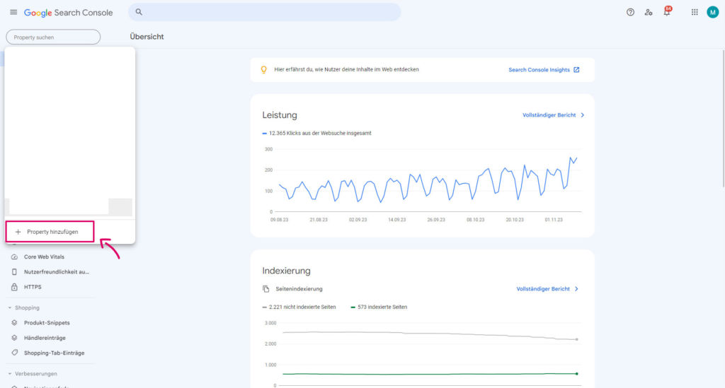 1 google search console dashboard property hinzufuegen 2